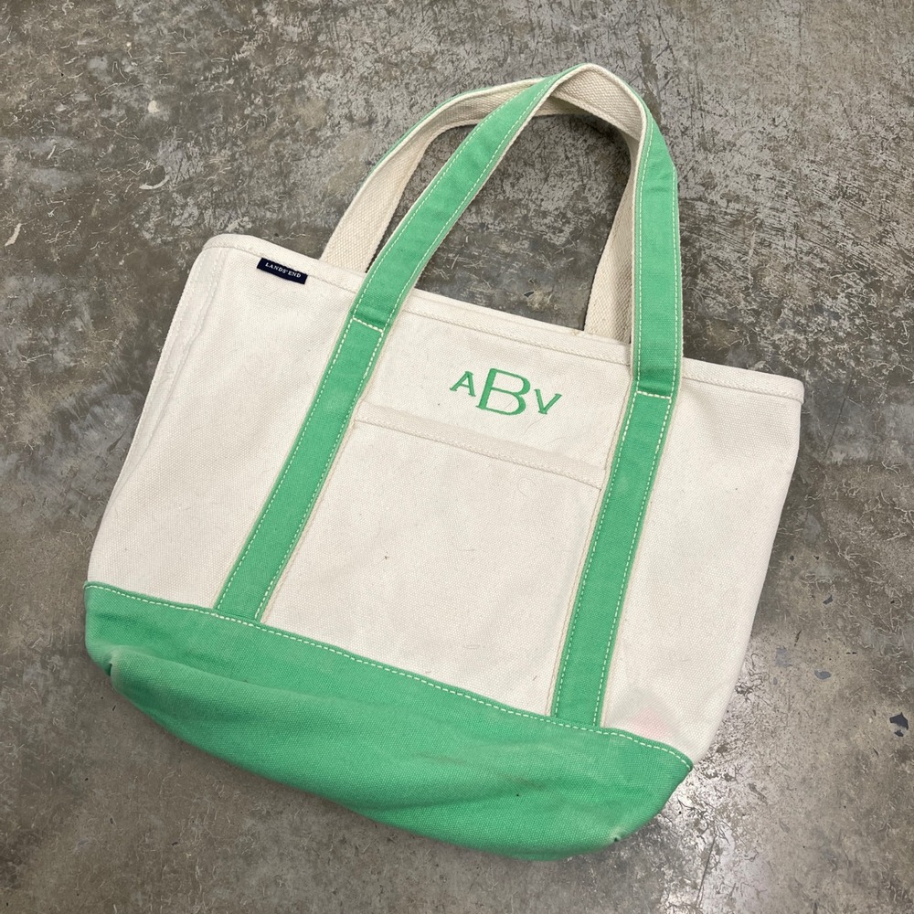 Lands End Canvas Tote Bag Cream Green Monogram ABV Medium Open Top
